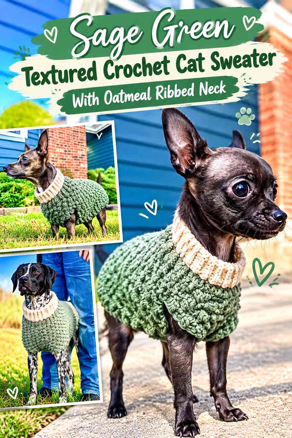 Sage Green Textured Crochet Cat Sweater With Oatmeal Ribbed Neck