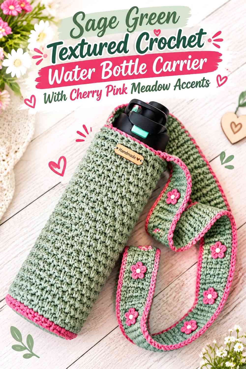 Sage Green Textured Crochet Water Bottle Carrier With Cherry Pink Meadow Accents