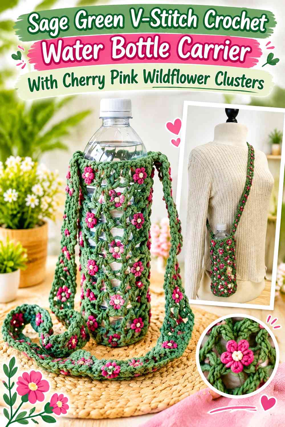 Sage Green V-Stitch Crochet Water Bottle Carrier With Cherry Pink Wildflower Clusters