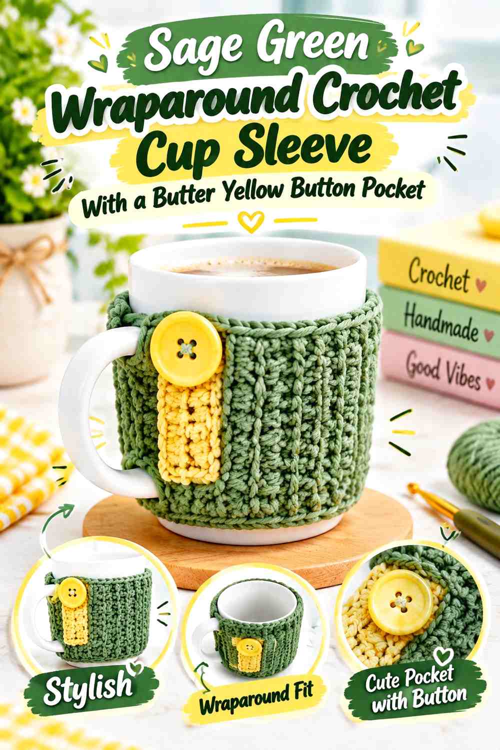 Sage Green Wraparound Crochet Cup Sleeve With a Butter Yellow Button Pocket