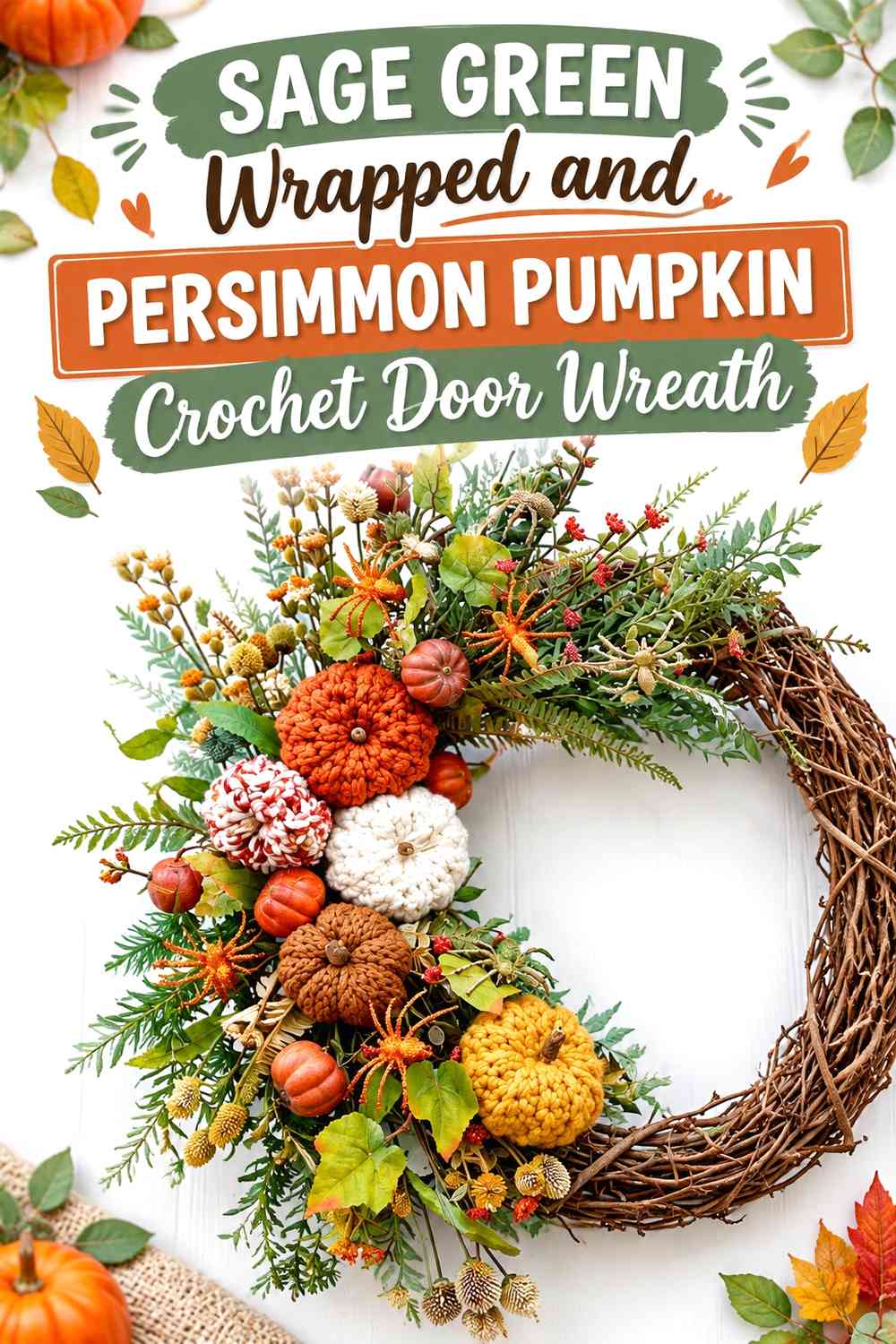 Sage Green Wrapped and Persimmon Pumpkin Crochet Door Wreath