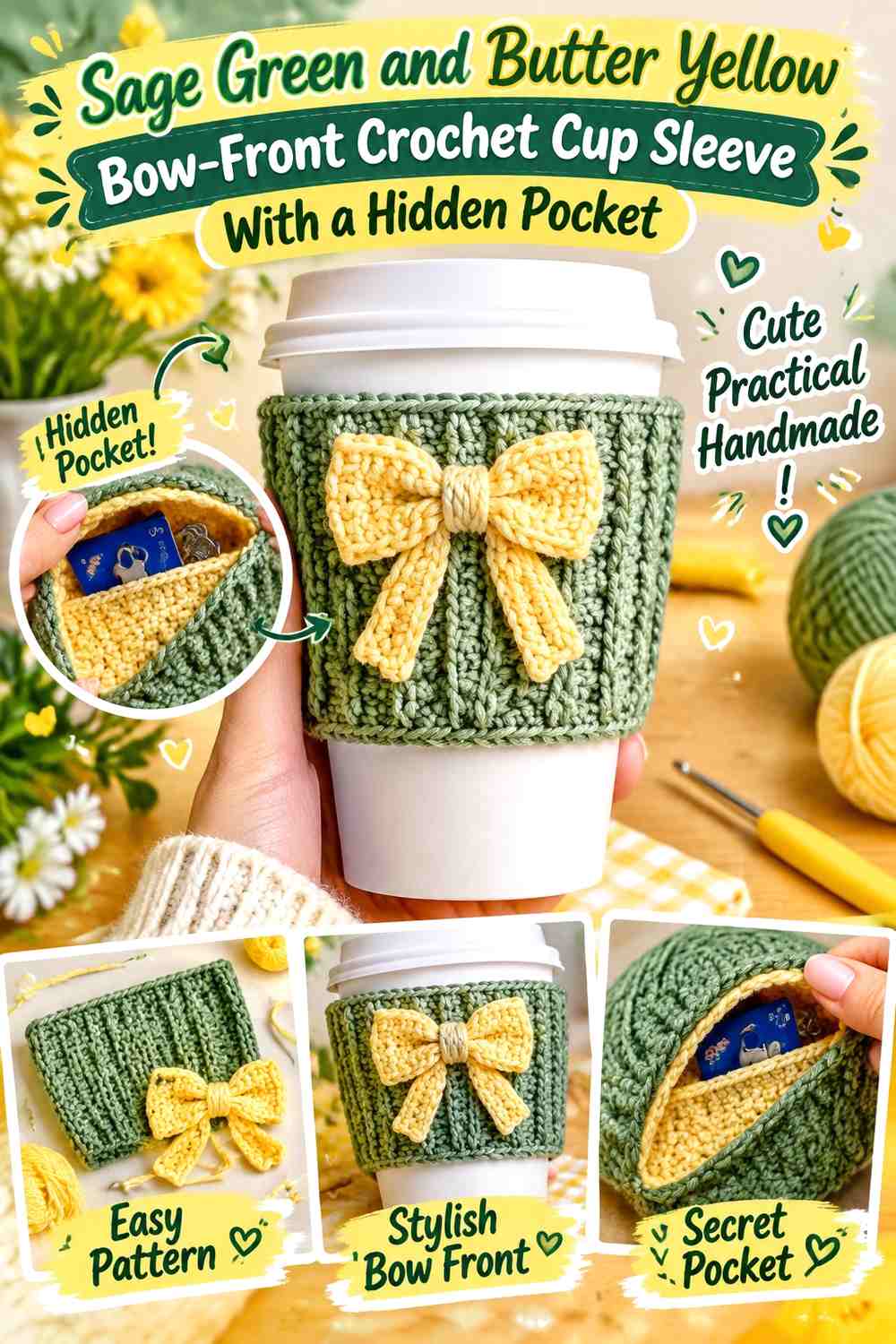 Sage Green and Butter Yellow Bow-Front Crochet Cup Sleeve With a Hidden Pocket