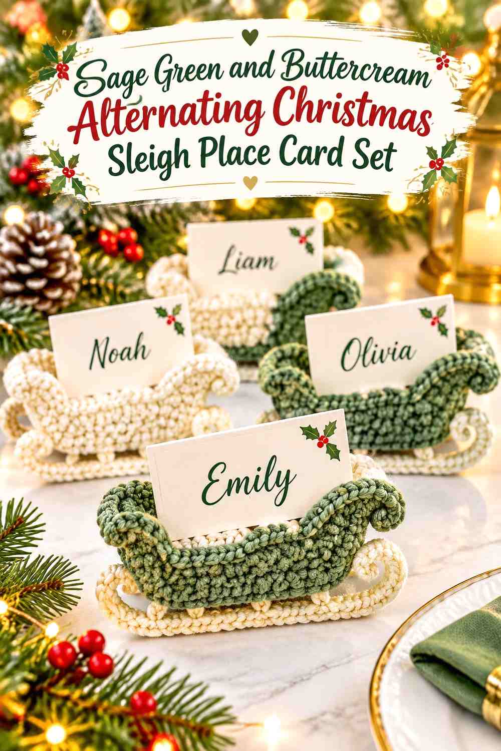 Sage Green and Buttercream Alternating Christmas Sleigh Place Card Set