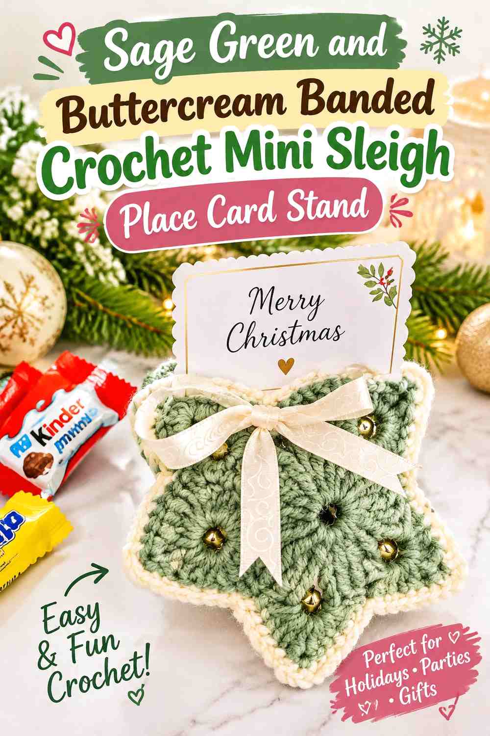 Sage Green and Buttercream Banded Crochet Mini Sleigh Place Card Stand