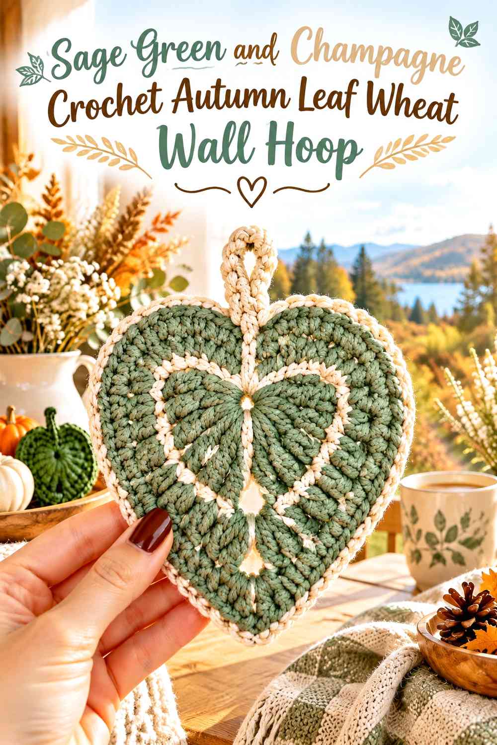 Sage Green and Champagne Crochet Autumn Leaf Wheat Wall Hoop
