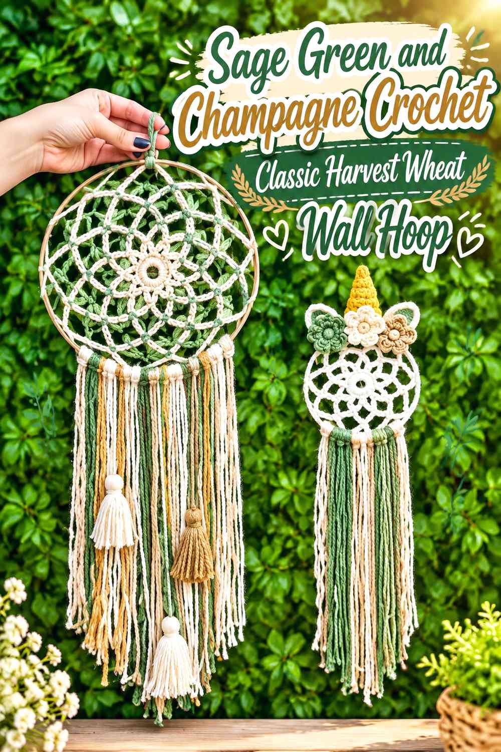 Sage Green and Champagne Crochet Classic Harvest Wheat Wall Hoop