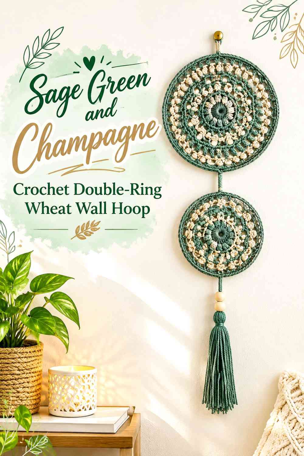 Sage Green and Champagne Crochet Double-Ring Wheat Wall Hoop