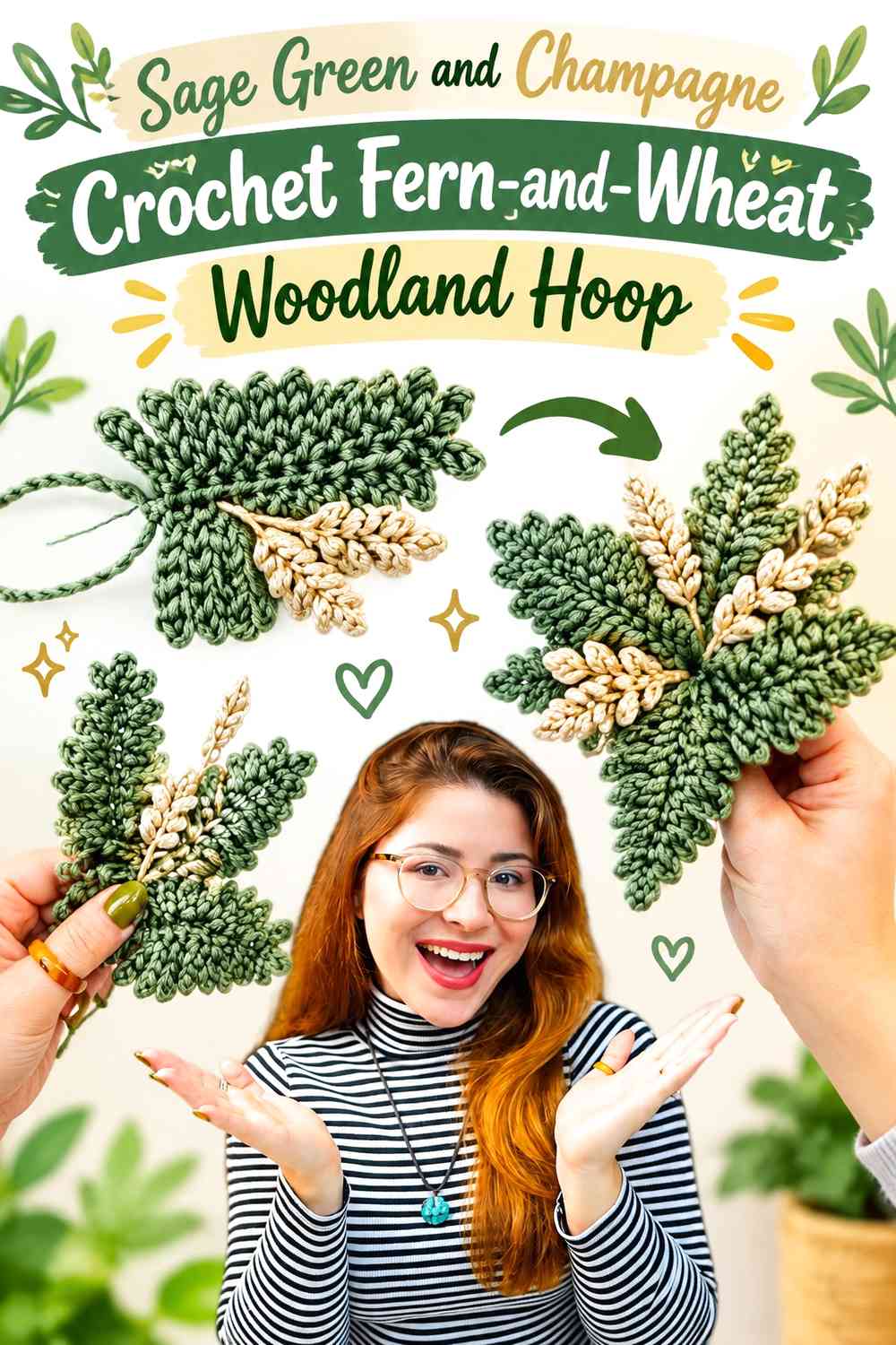 Sage Green and Champagne Crochet Fern-and-Wheat Woodland Hoop