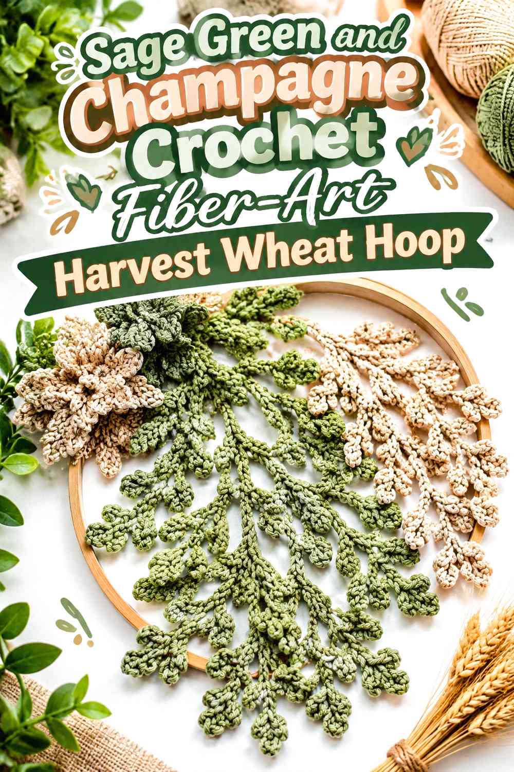 Sage Green and Champagne Crochet Fiber-Art Harvest Wheat Hoop