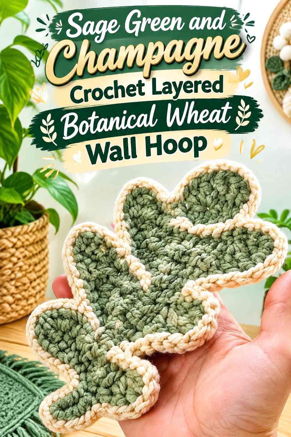 Sage Green and Champagne Crochet Layered Botanical Wheat Wall Hoop