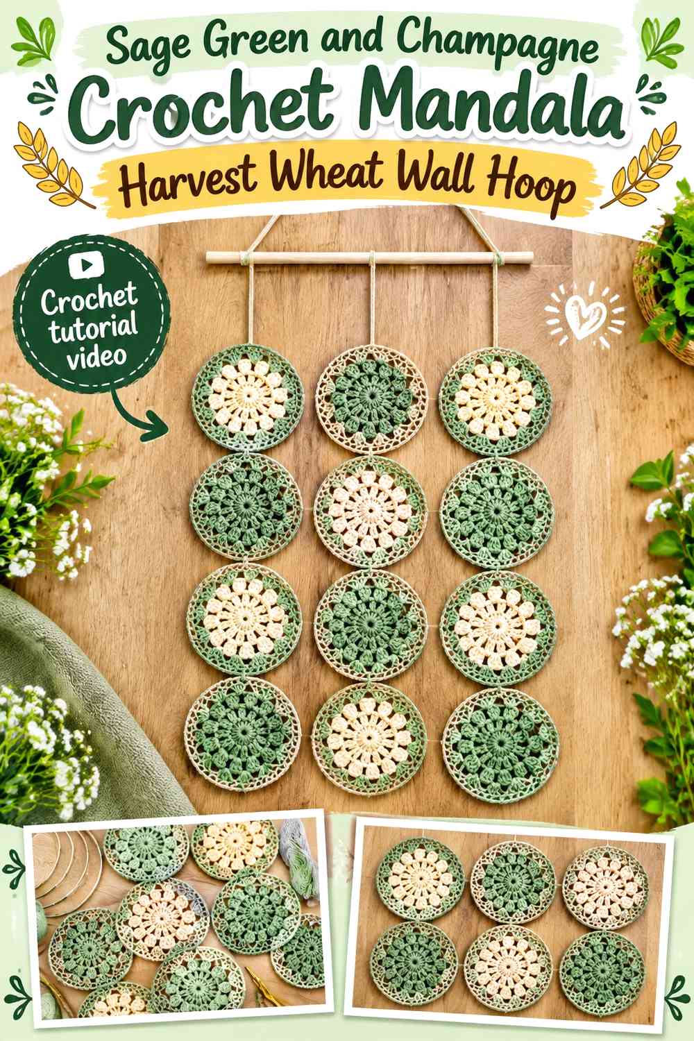 Sage Green and Champagne Crochet Mandala Harvest Wheat Wall Hoop