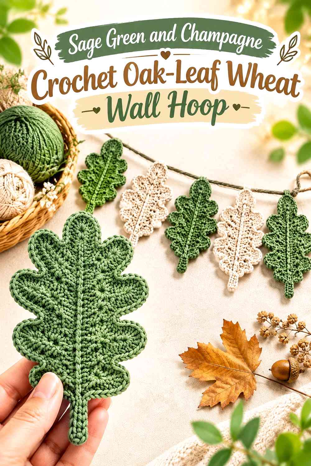 Sage Green and Champagne Crochet Oak-Leaf Wheat Wall Hoop
