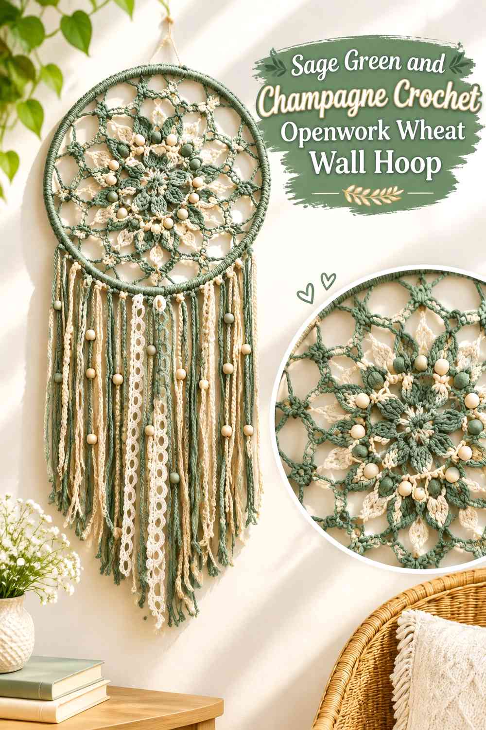 Sage Green and Champagne Crochet Openwork Wheat Wall Hoop