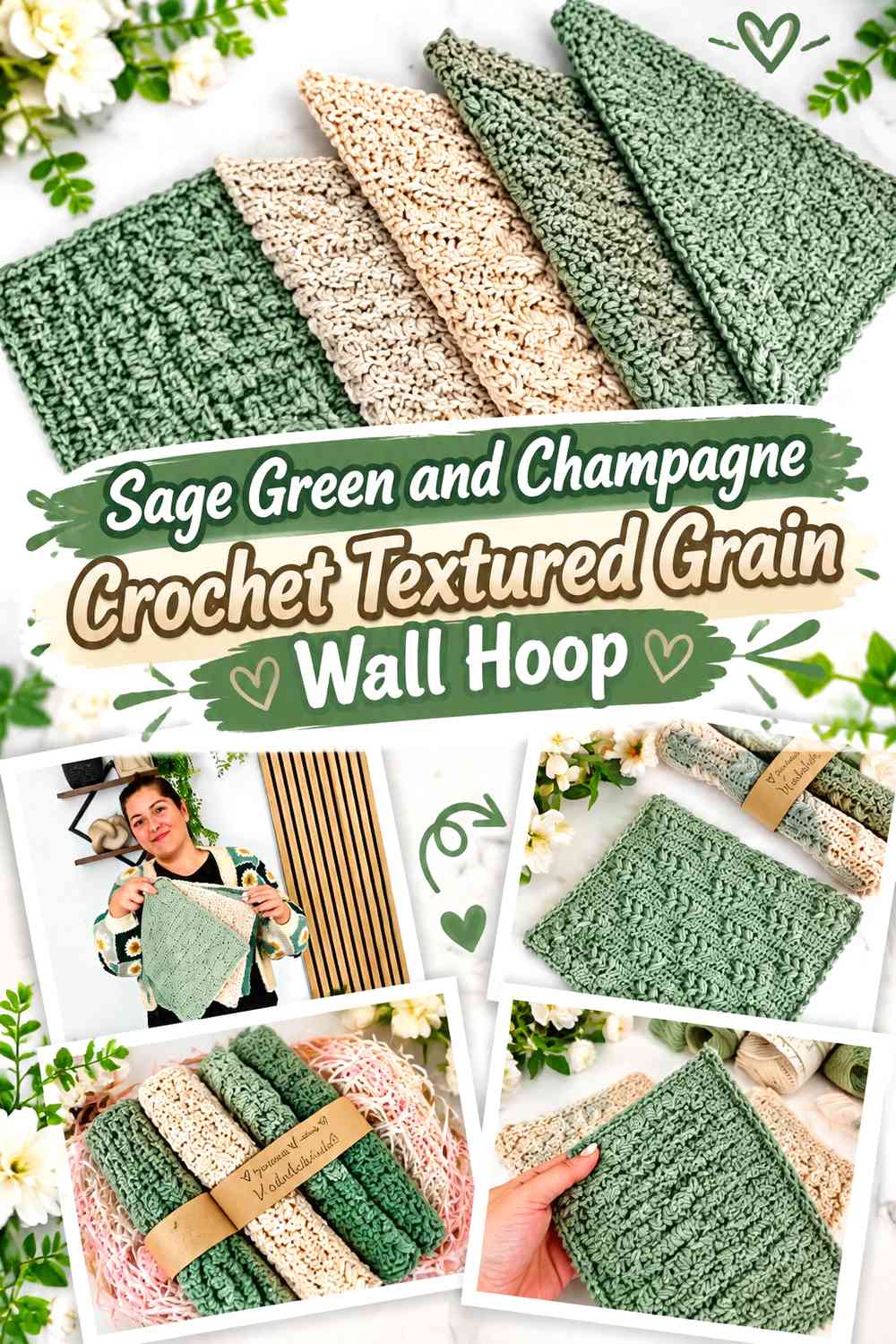 Sage Green and Champagne Crochet Textured Grain Wall Hoop