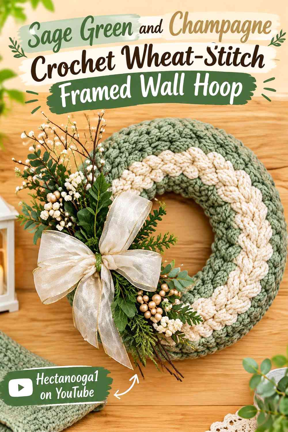 Sage Green and Champagne Crochet Wheat-Stitch Framed Wall Hoop