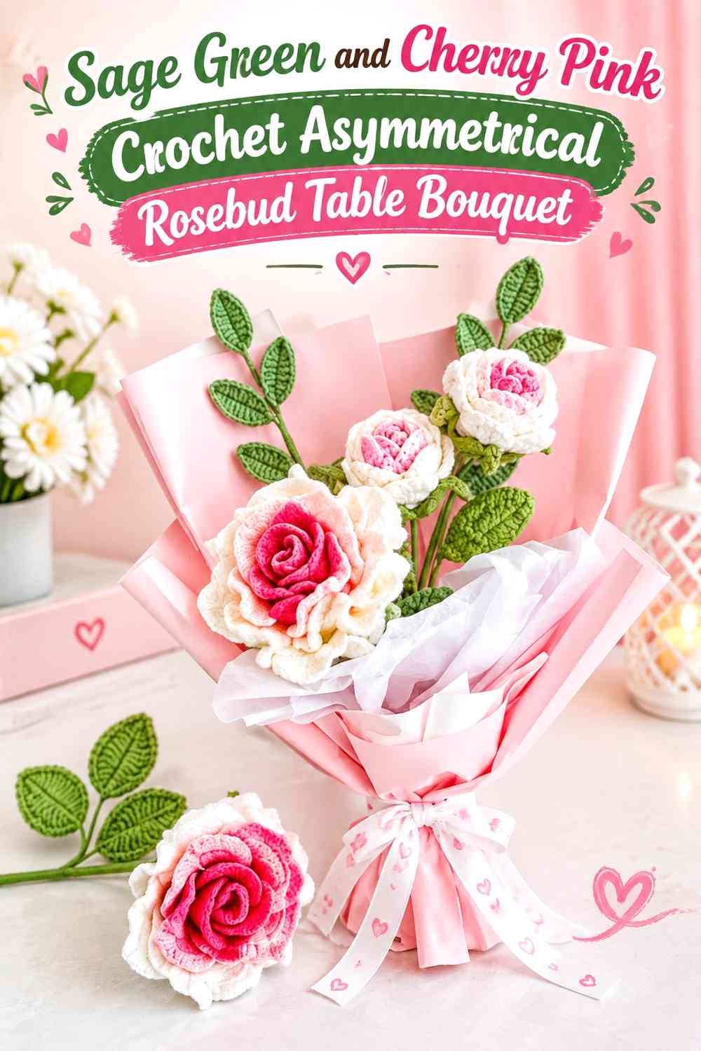 Sage Green and Cherry Pink Crochet Asymmetrical Rosebud Table Bouquet
