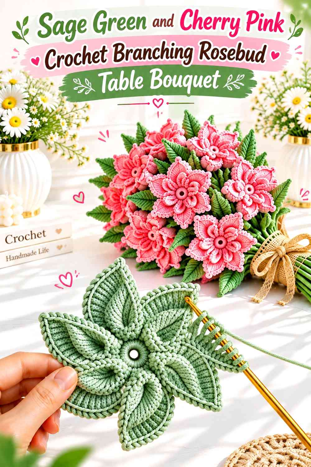 Sage Green and Cherry Pink Crochet Branching Rosebud Table Bouquet