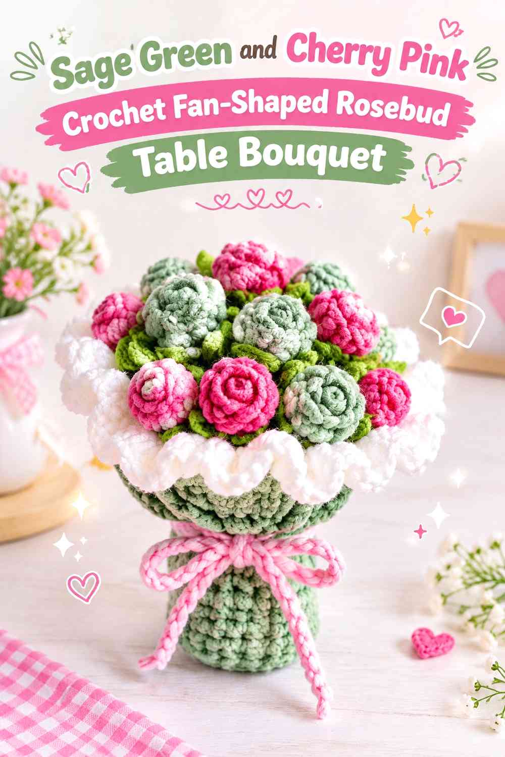 Sage Green and Cherry Pink Crochet Fan-Shaped Rosebud Table Bouquet