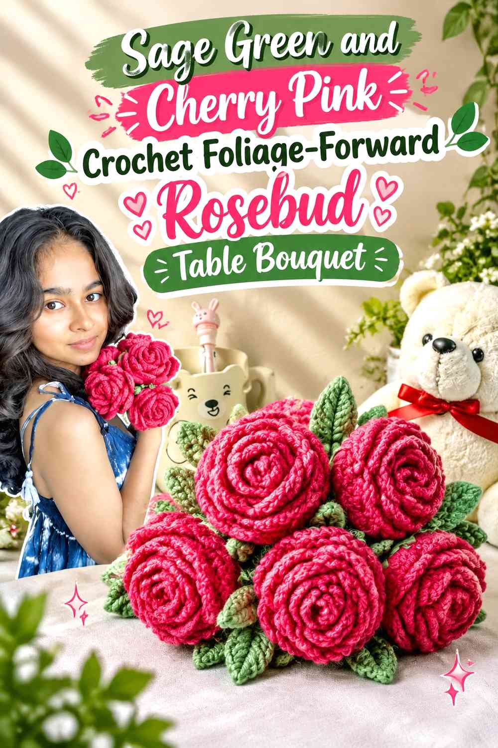Sage Green and Cherry Pink Crochet Foliage-Forward Rosebud Table Bouquet