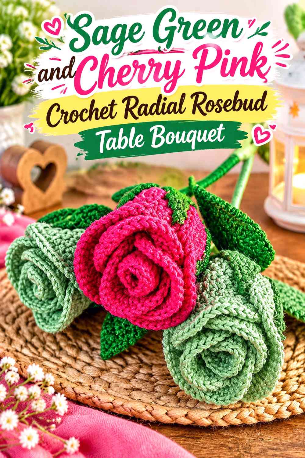 Sage Green and Cherry Pink Crochet Radial Rosebud Table Bouquet