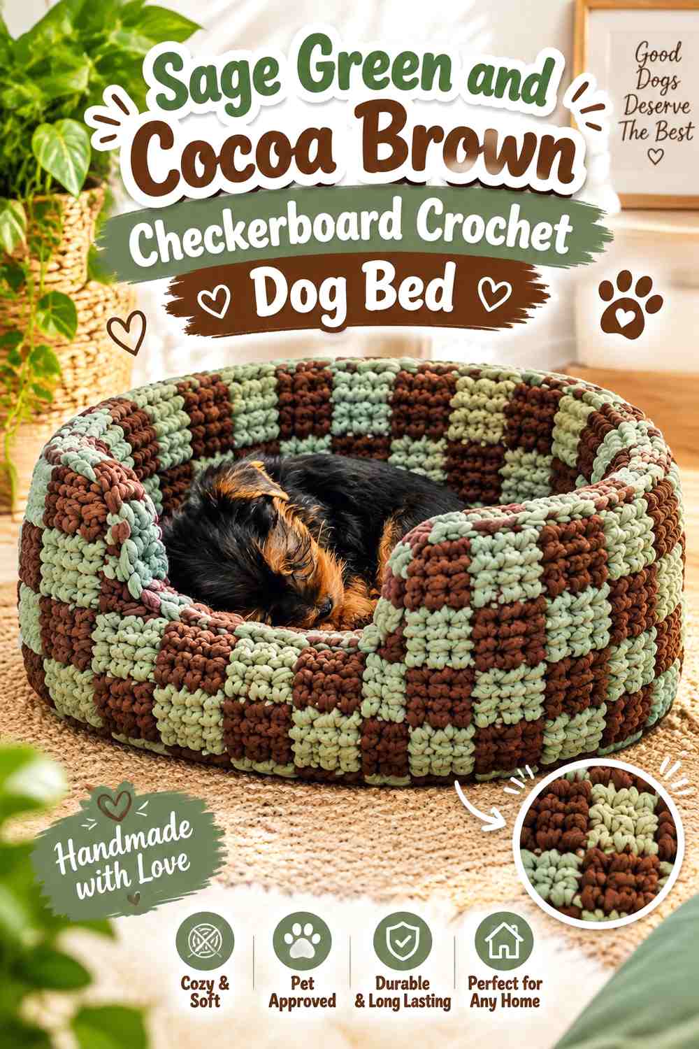 Sage Green and Cocoa Brown Checkerboard Crochet Dog Bed