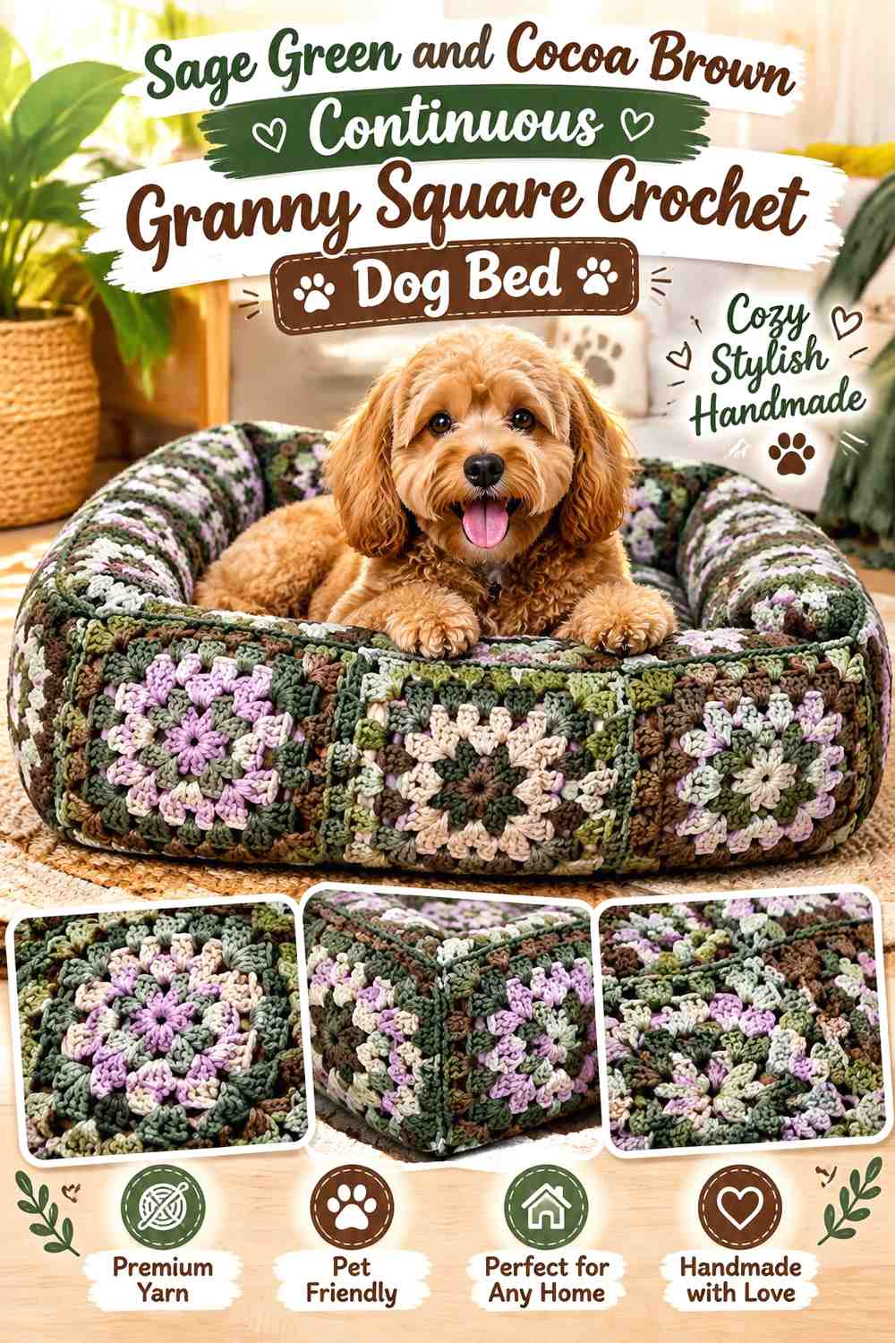 Sage Green and Cocoa Brown Continuous Granny Square Crochet Dog Bed