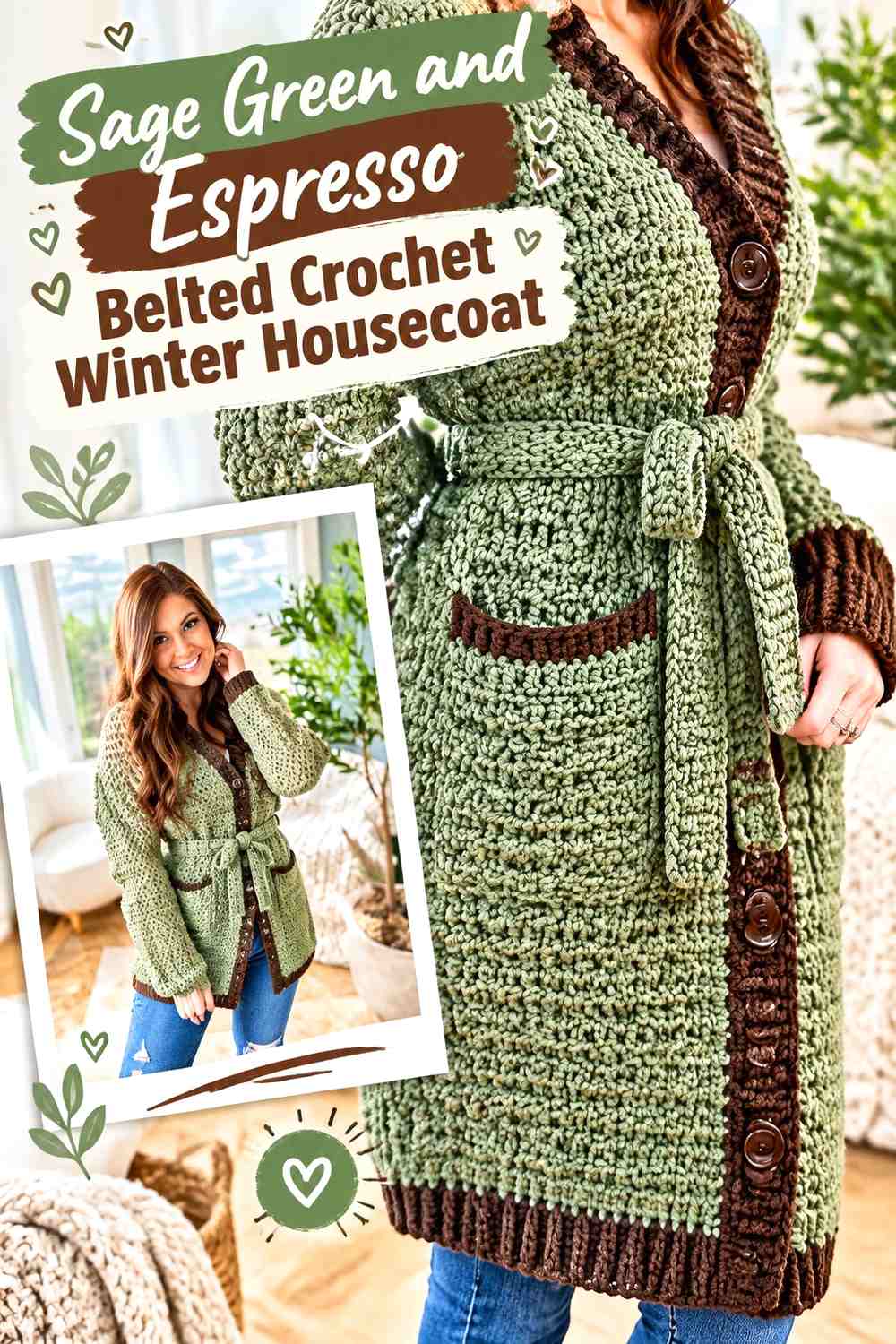 Sage Green and Espresso Belted Crochet Winter Housecoat