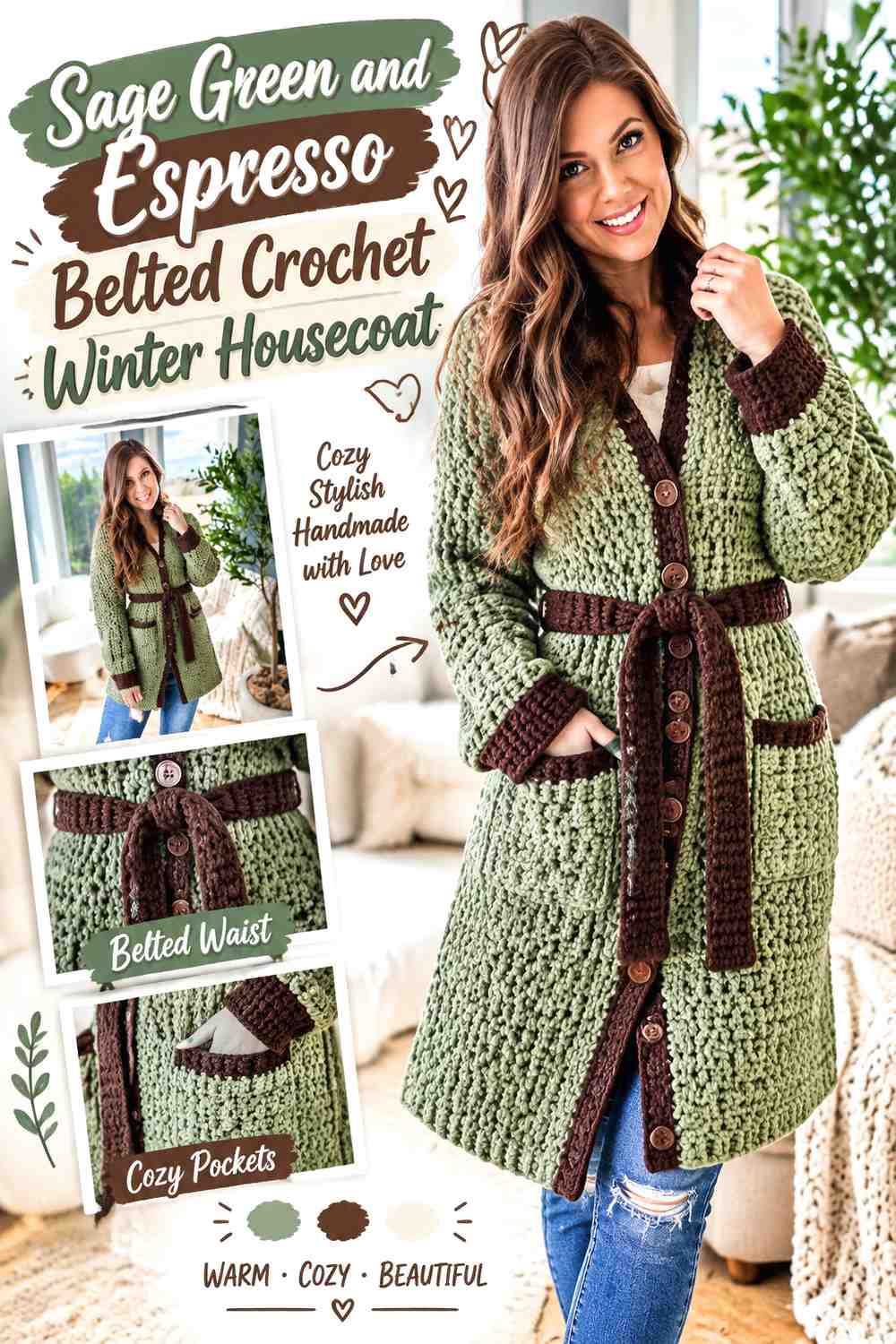 Sage Green and Espresso Belted Crochet Winter Housecoat