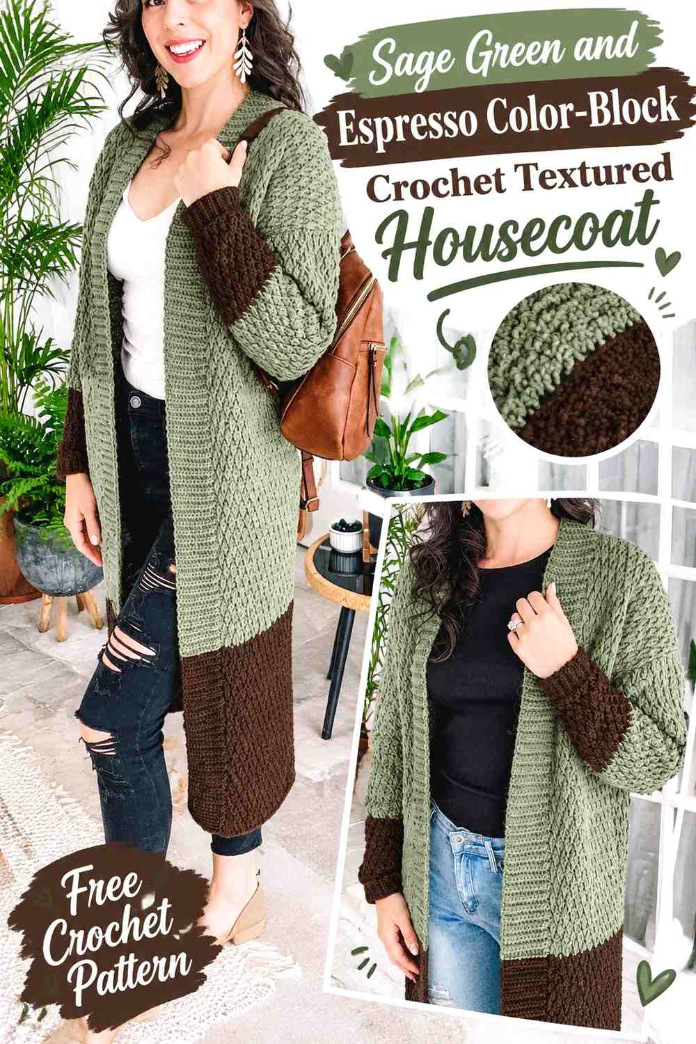 Sage Green and Espresso Color-Block Crochet Textured Housecoat