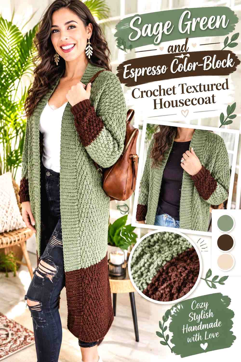 Sage Green and Espresso Color-Block Crochet Textured Housecoat