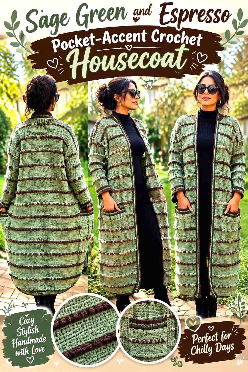 Sage Green and Espresso Pocket-Accent Crochet Housecoat