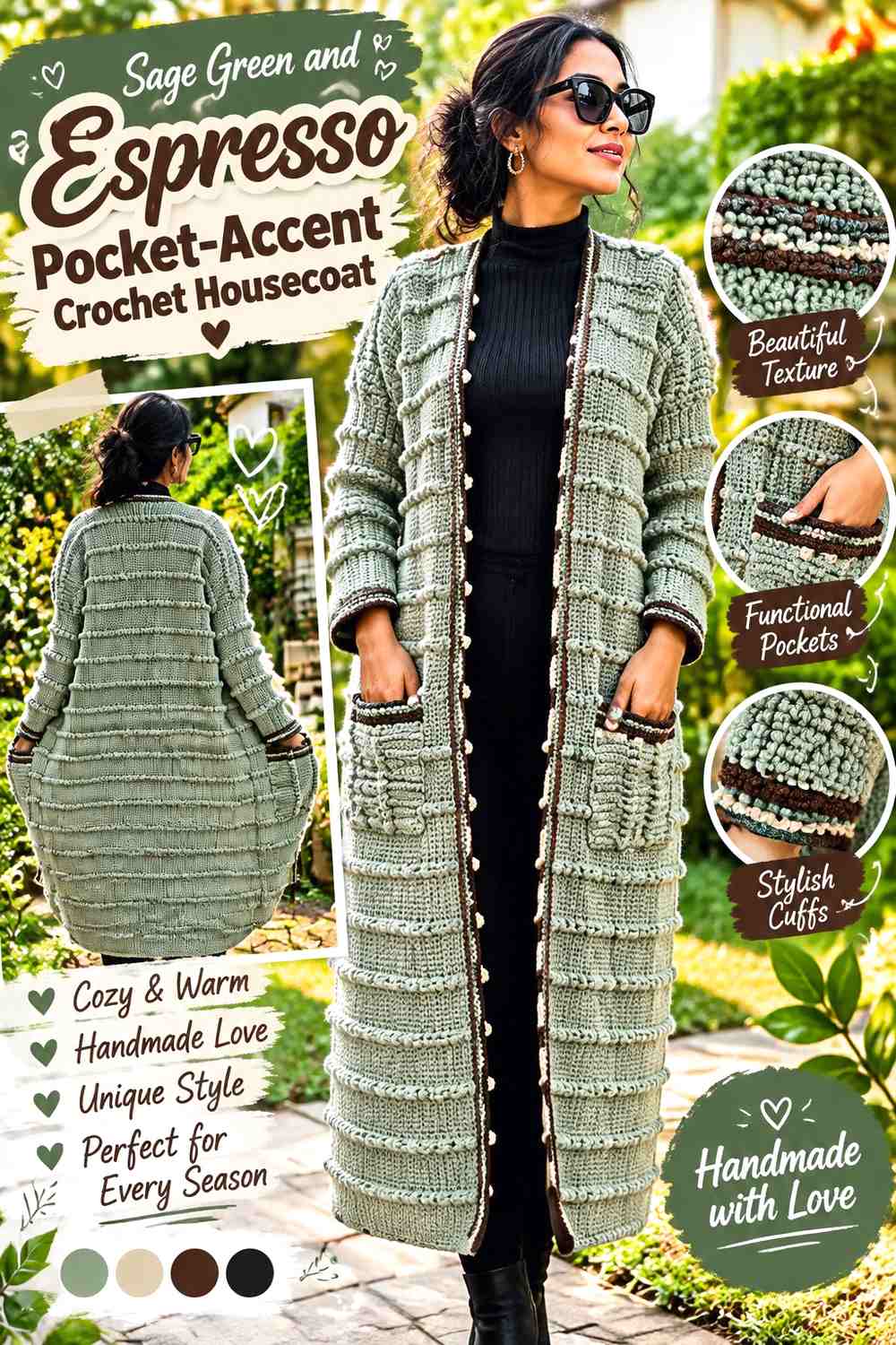 Sage Green and Espresso Pocket-Accent Crochet Housecoat