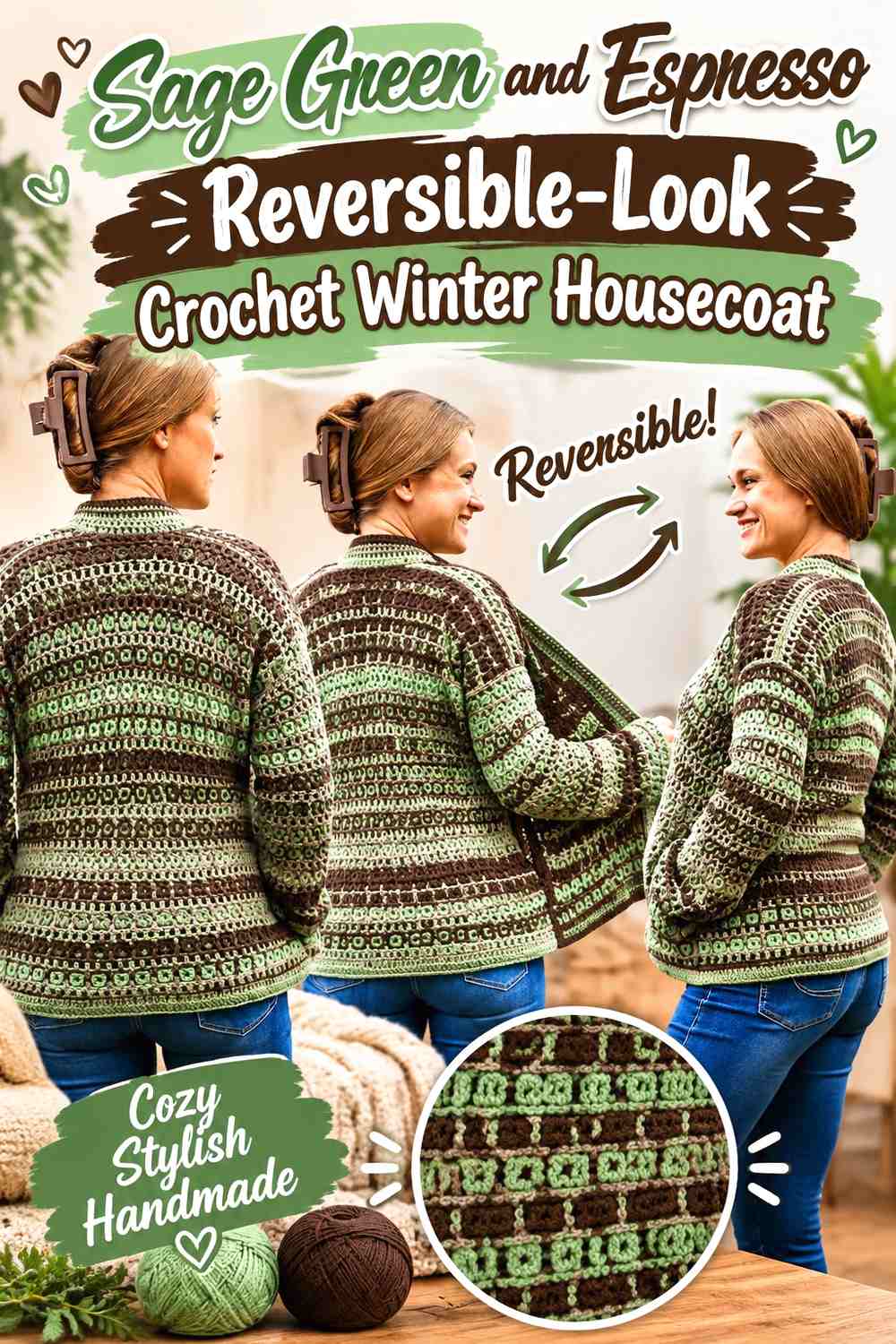 Sage Green and Espresso Reversible-Look Crochet Winter Housecoat