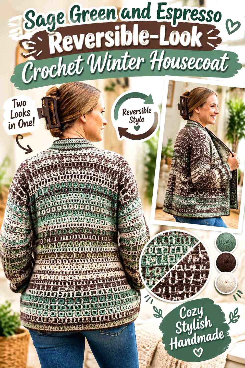 Sage Green and Espresso Reversible-Look Crochet Winter Housecoat