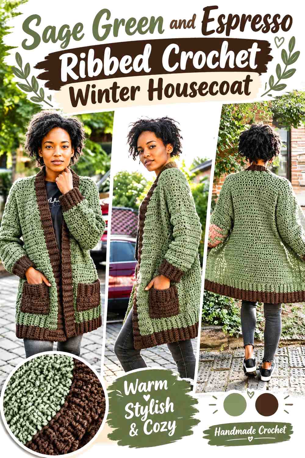 Sage Green and Espresso Ribbed Crochet Winter Housecoat