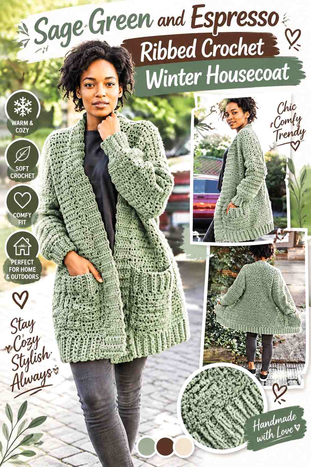 Sage Green and Espresso Ribbed Crochet Winter Housecoat