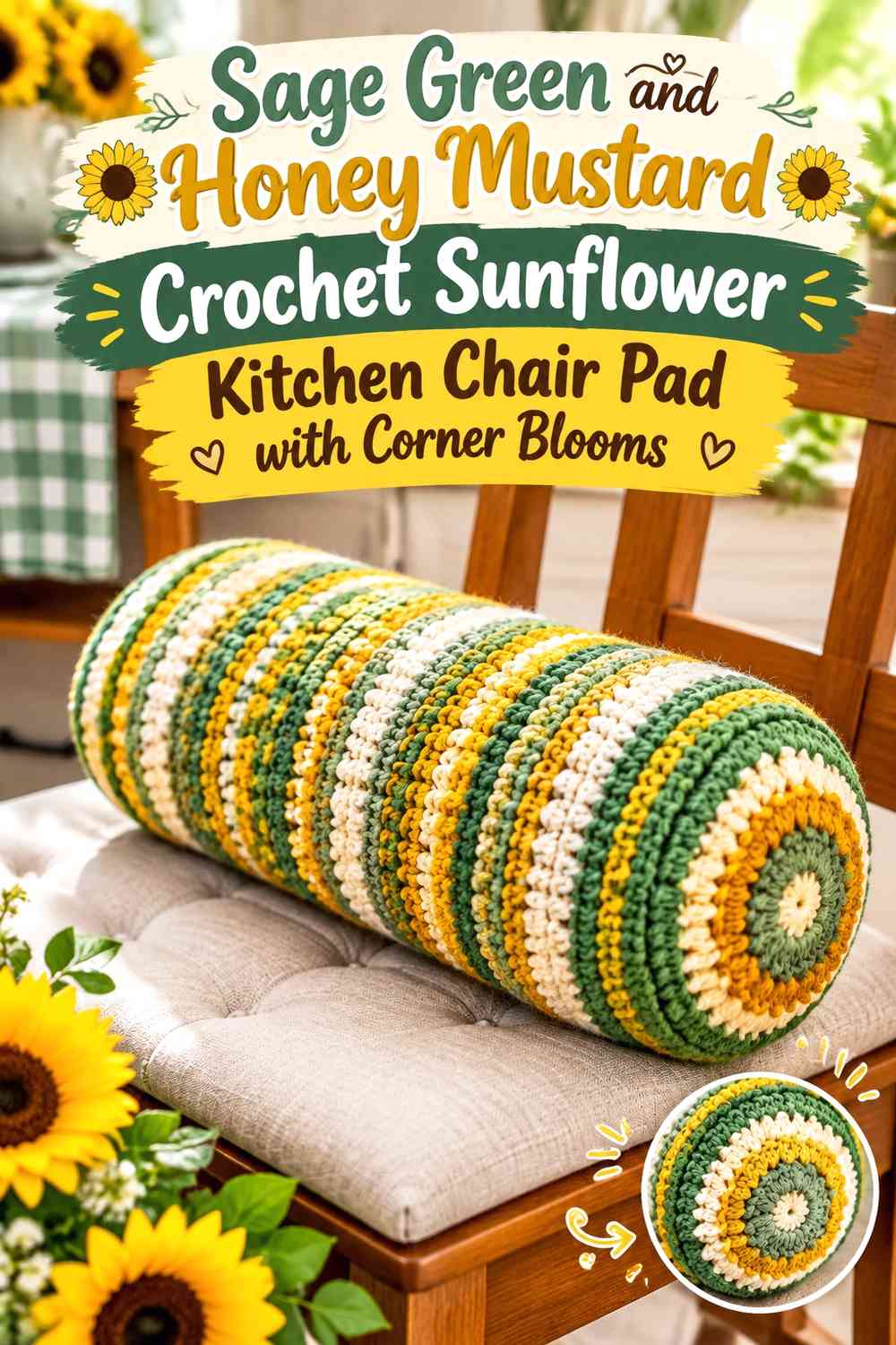 Sage Green and Honey Mustard Crochet Sunflower Kitchen Chair Pad with Corner Blooms