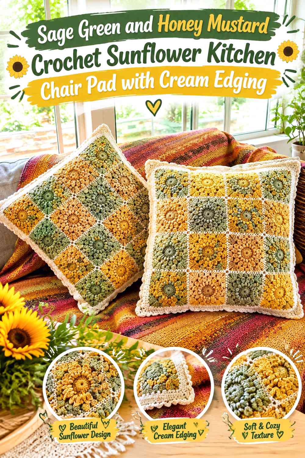 Sage Green and Honey Mustard Crochet Sunflower Kitchen Chair Pad with Cream Edging