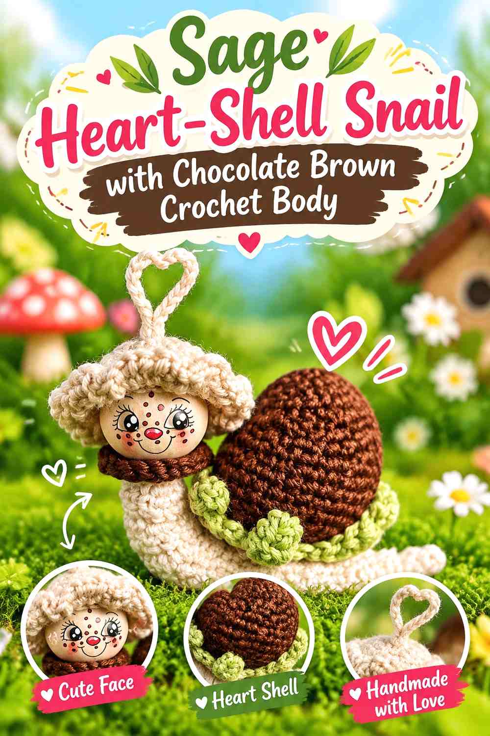 Sage Heart-Shell Snail with Chocolate Brown Crochet Body
