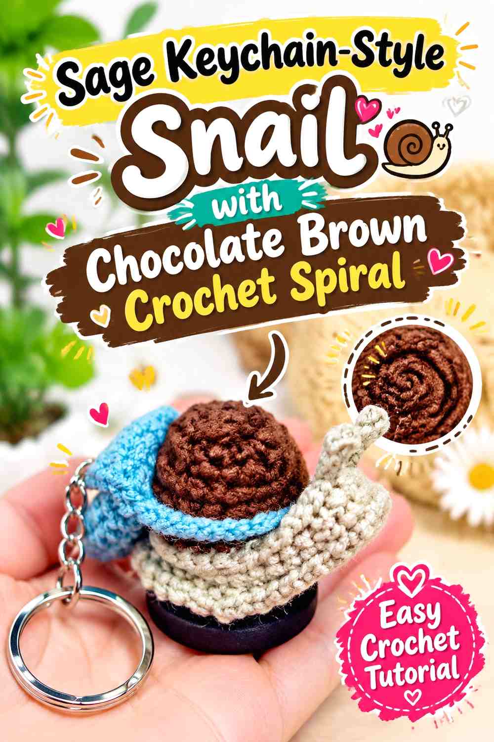 Sage Keychain-Style Snail with Chocolate Brown Crochet Spiral