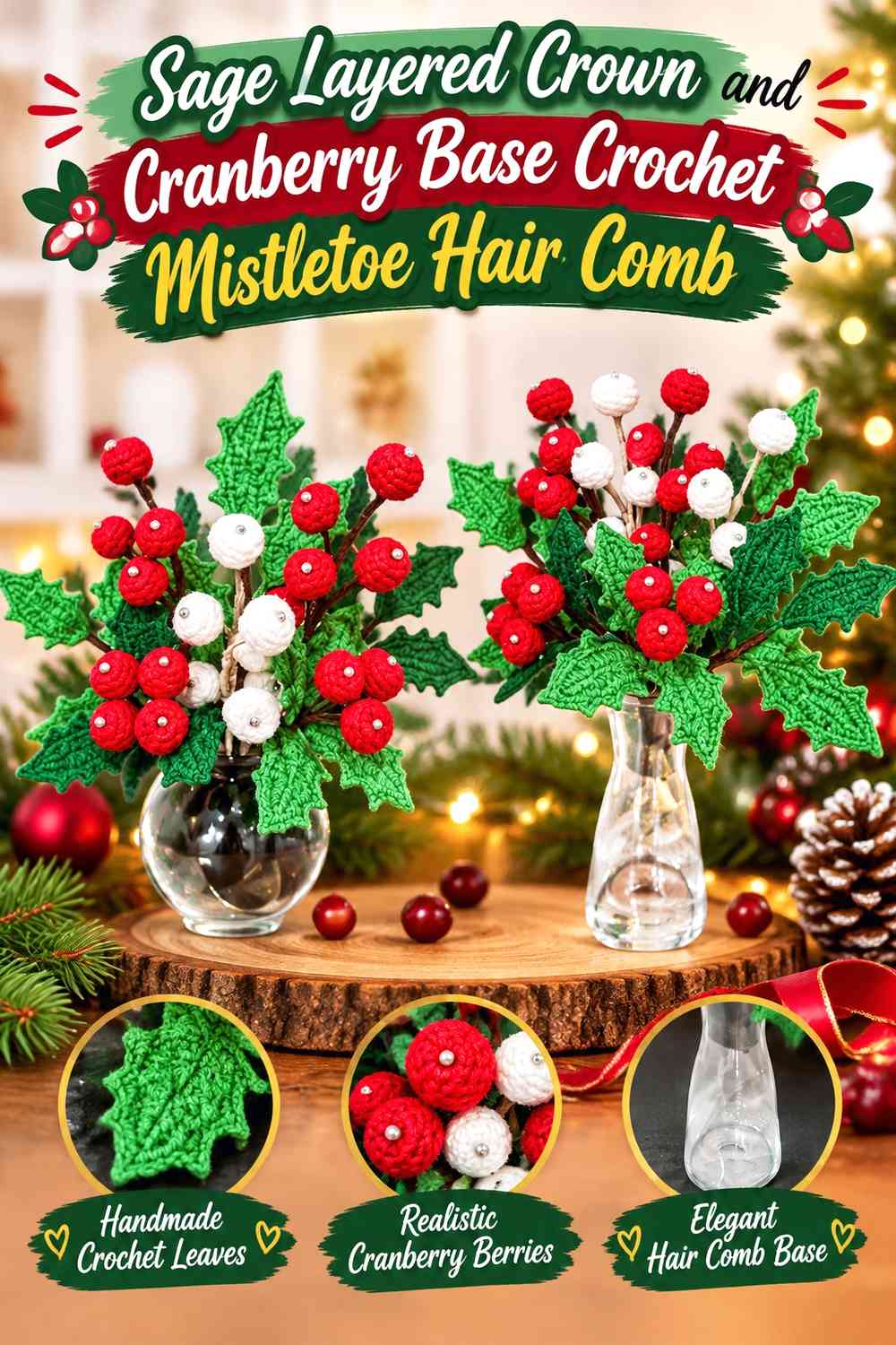 Sage Layered Crown and Cranberry Base Crochet Mistletoe Hair Comb