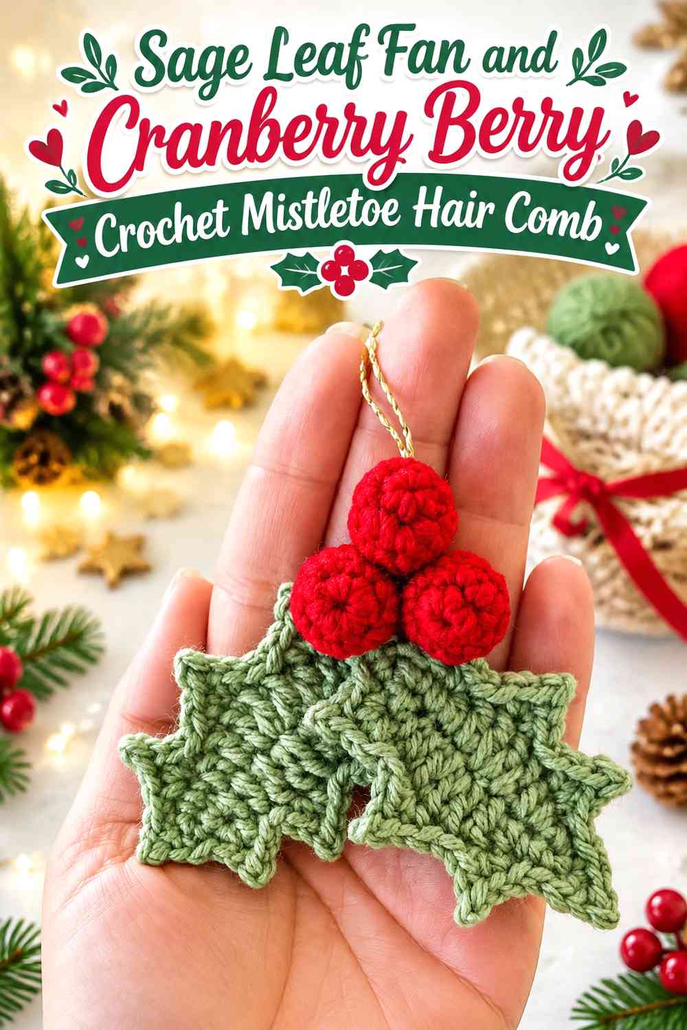 Sage Leaf Fan and Cranberry Berry Crochet Mistletoe Hair Comb
