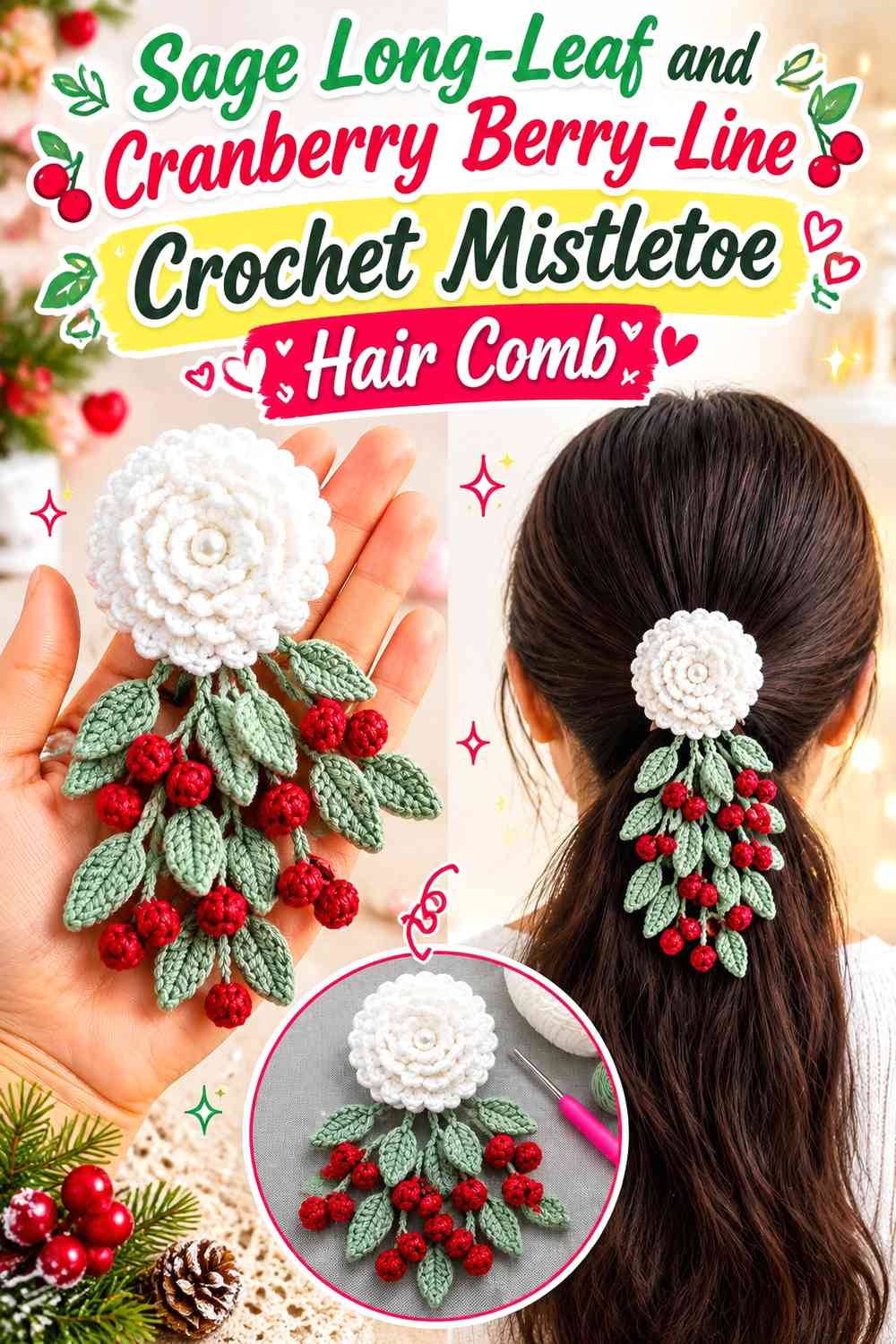 Sage Long-Leaf and Cranberry Berry-Line Crochet Mistletoe Hair Comb