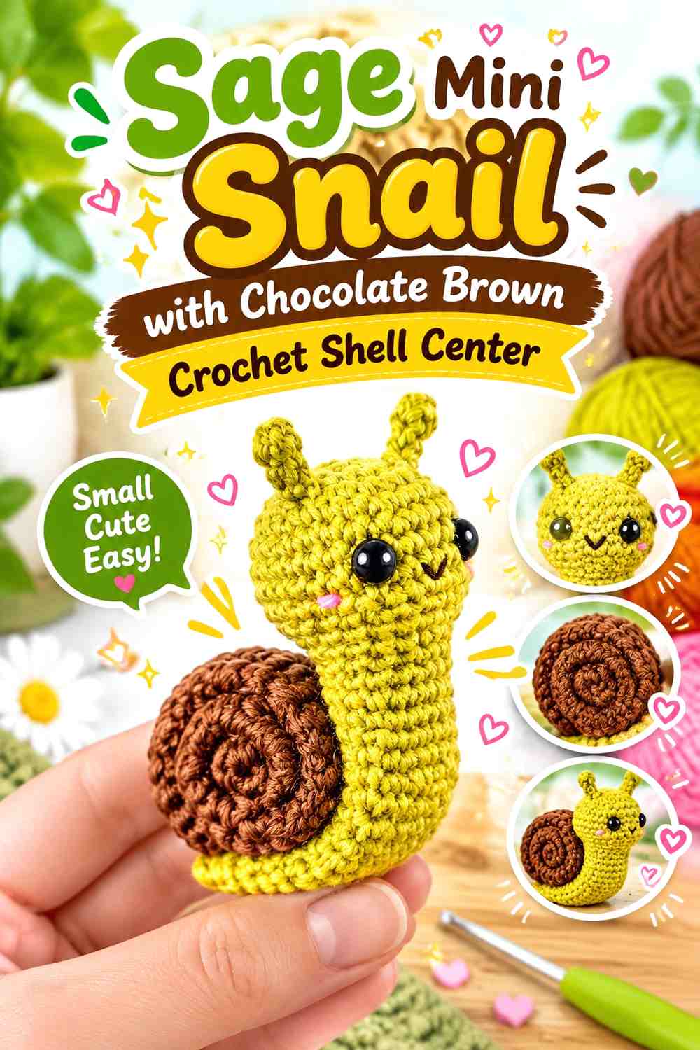 Sage Mini Snail with Chocolate Brown Crochet Shell Center
