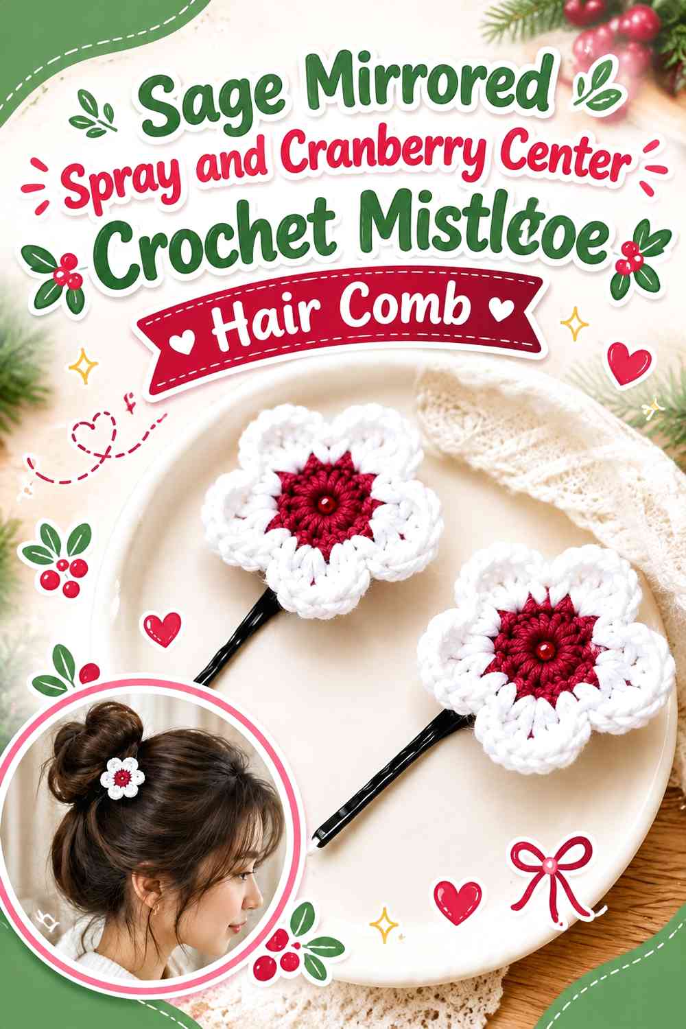 Sage Mirrored Spray and Cranberry Center Crochet Mistletoe Hair Comb