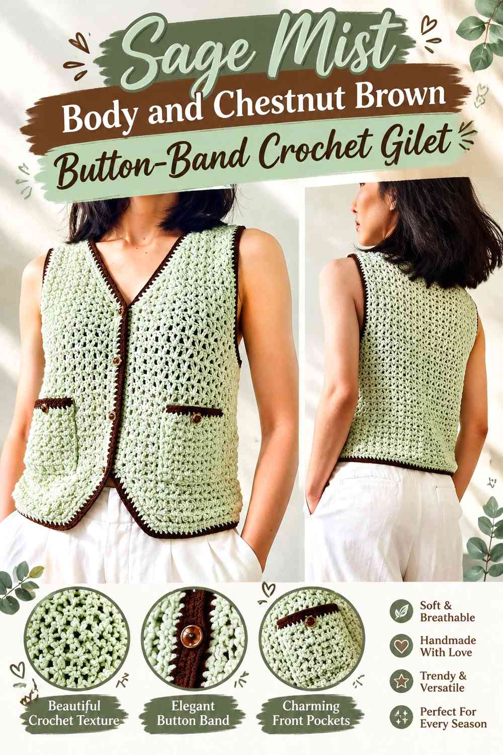 Sage Mist Body and Chestnut Brown Button-Band Crochet Gilet