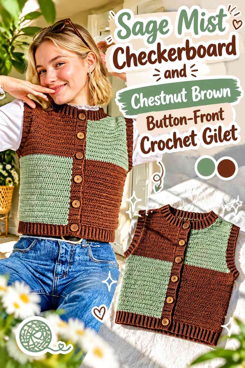 Sage Mist Checkerboard and Chestnut Brown Button-Front Crochet Gilet