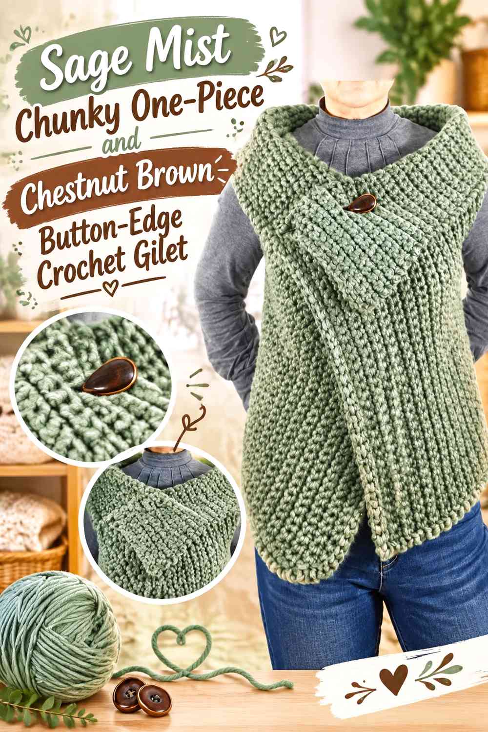 Sage Mist Chunky One-Piece and Chestnut Brown Button-Edge Crochet Gilet