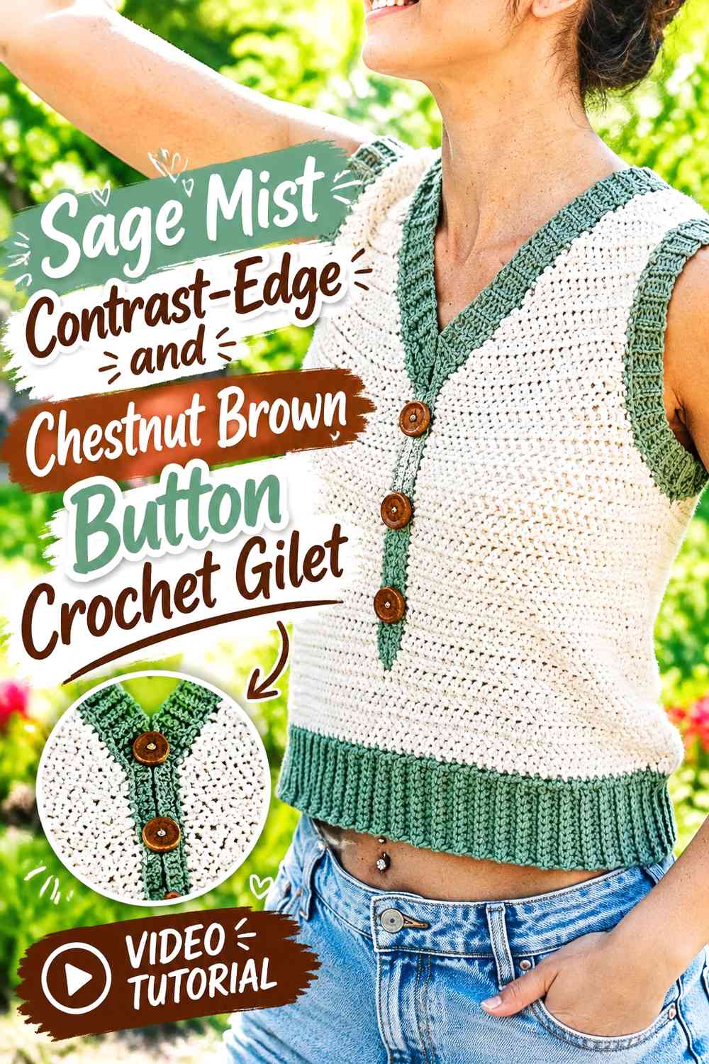 Sage Mist Contrast-Edge and Chestnut Brown Button Crochet Gilet