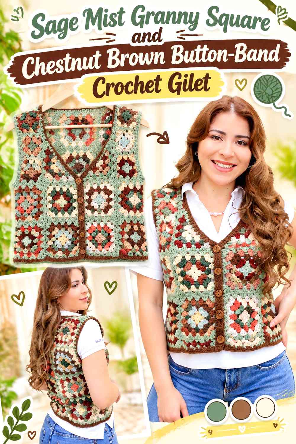 Sage Mist Granny Square and Chestnut Brown Button-Band Crochet Gilet